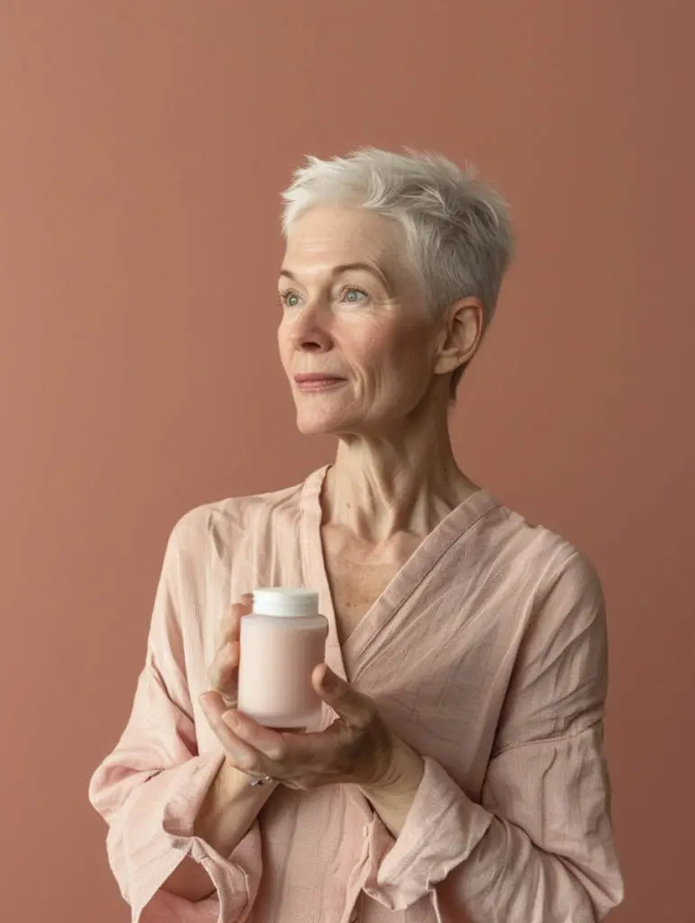 close up shot middle aged beautiful woman holding cosmetic product